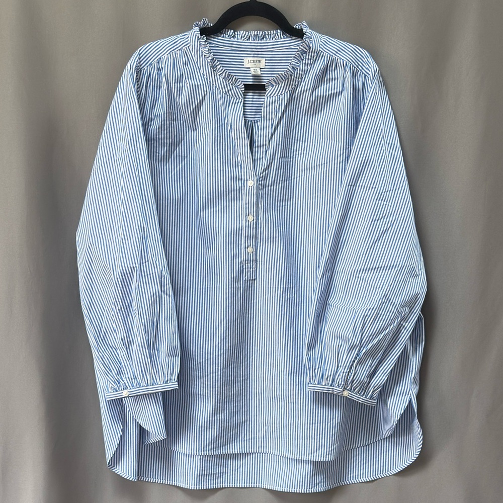 J.Crew Cotton Poplin Ruffle Neck Tunic, Blue White Stripes, Plus Size 3X, Loose